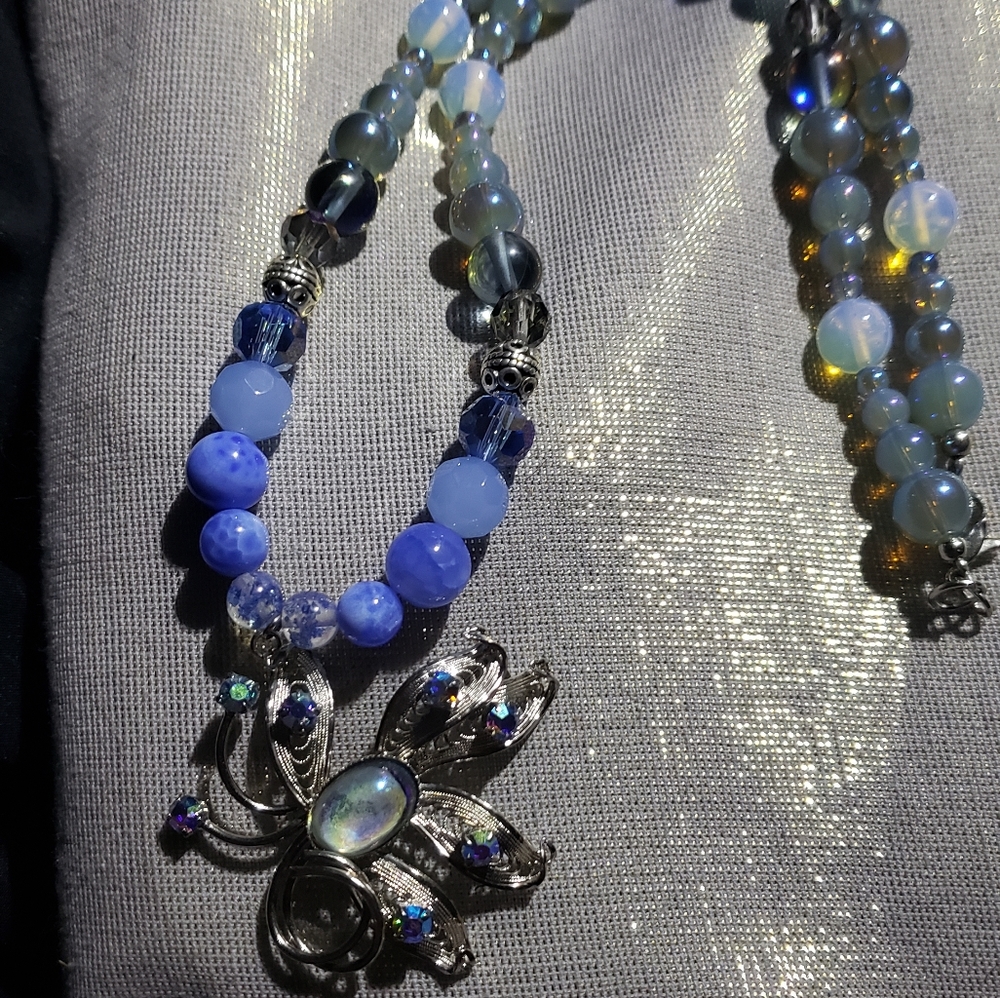 2 in one Antique brooch/pendent on glass and semi precious stone beaded necklace